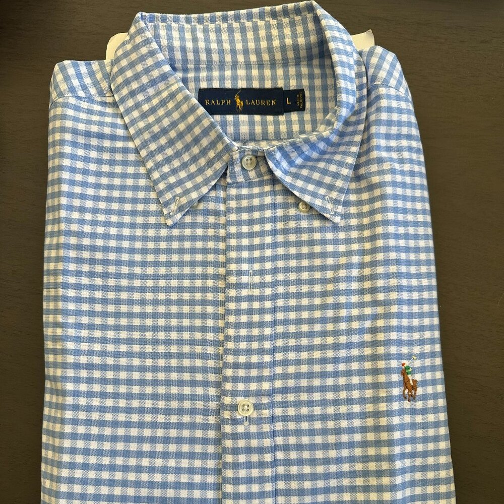 Like new, Polo by Ralph Lauren men's 100% cotton long-sleeved dress shirt, L